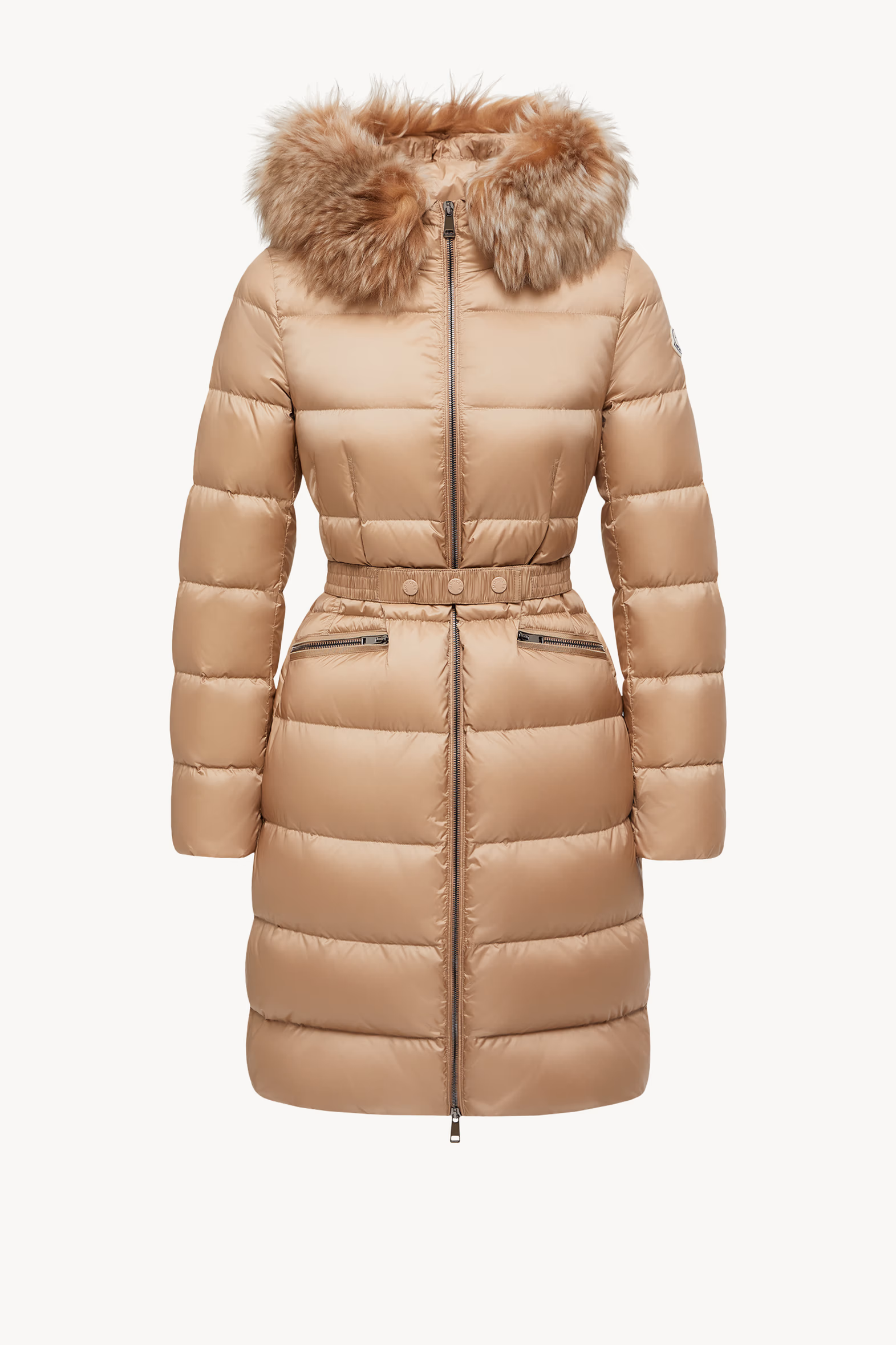 Boedic Hooded Shearling-Trimmed Long Down Jacket Women Camel Beige Moncler 2
